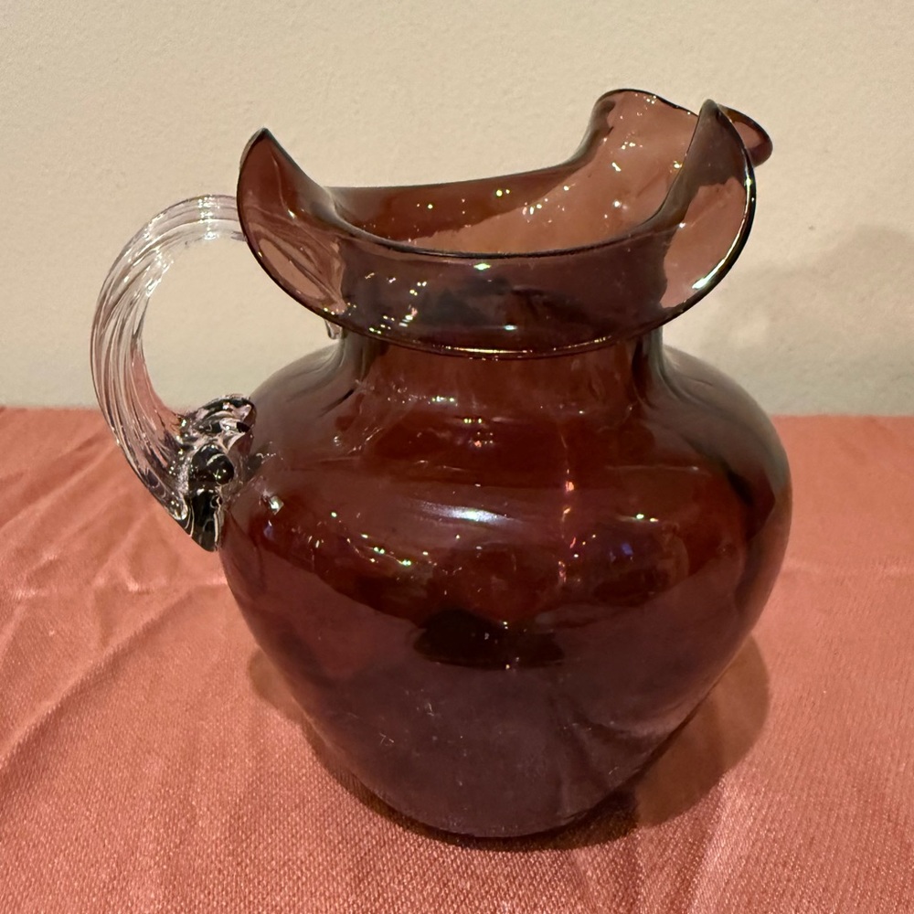 Vintage Hand Blown Optic Amethyst Purple Clear Applied Handle Art Glass Pitcher